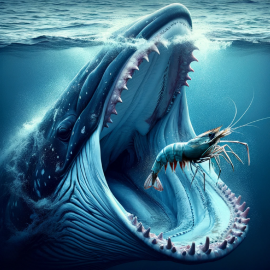 DALL·E 2024-01-22 17.09.15 - A large whale with its mouth wide open chasing a small shrimp in the ocean, showcasing the dramatic size difference and the dynamic chase scene.png